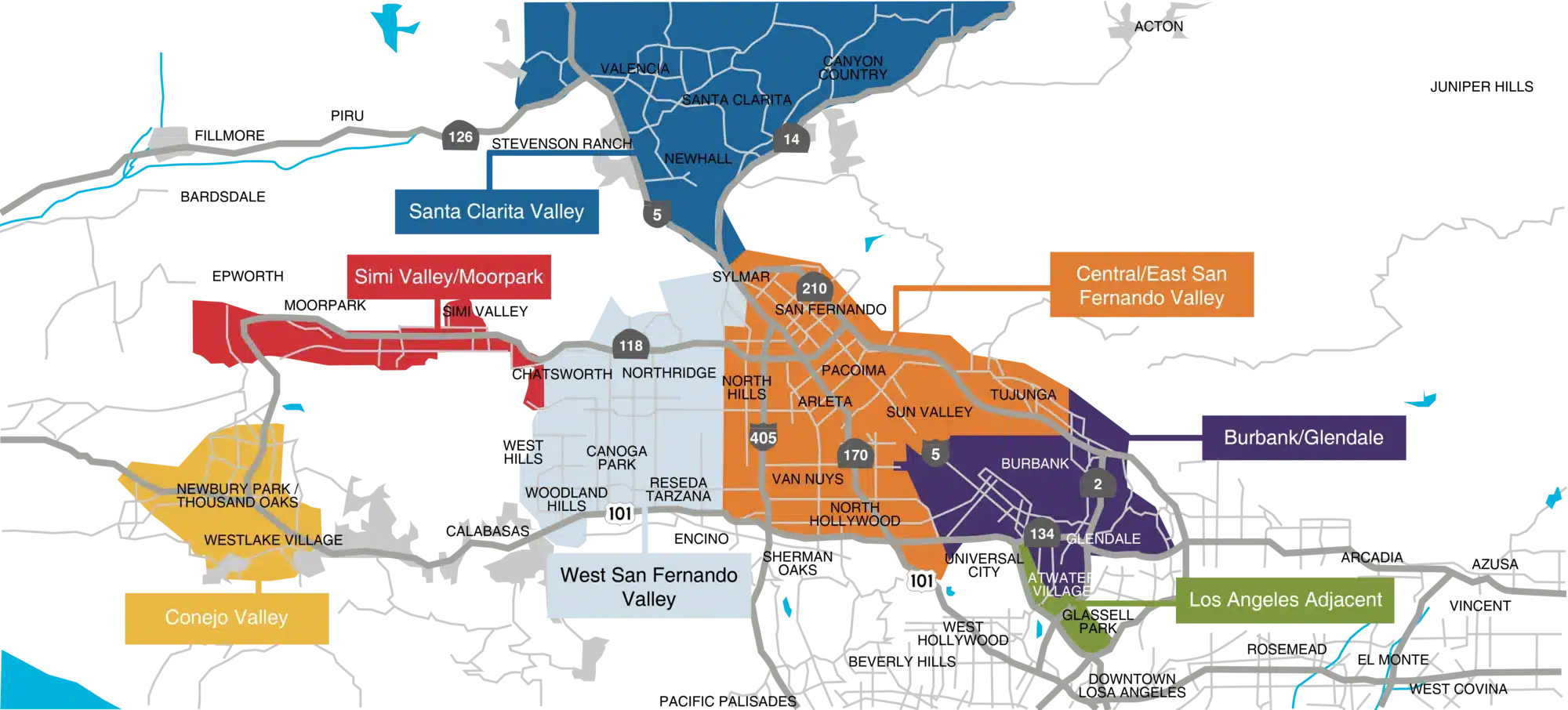 Areas of Service map of North LA