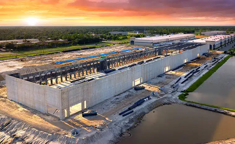 Industrial building under construction at dusk.