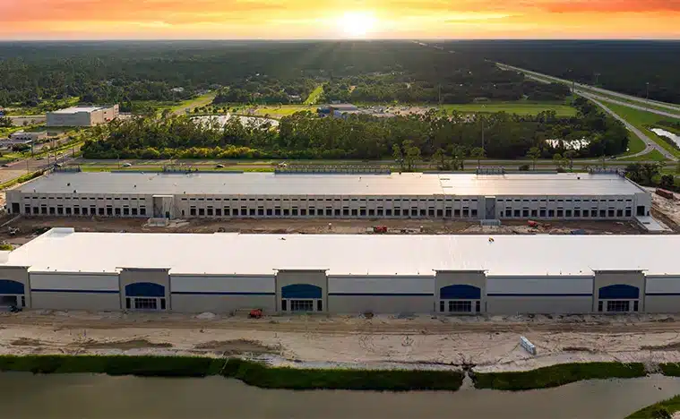 New warehouse buildings at dusk.